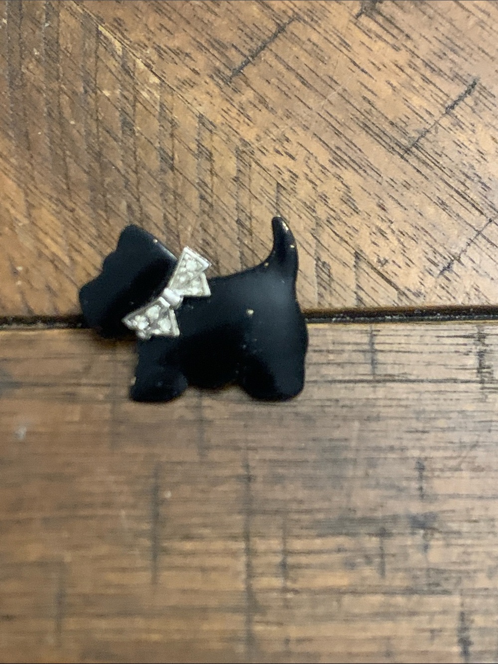 Black Scottie Dog Brooch with Rhinestone Bow